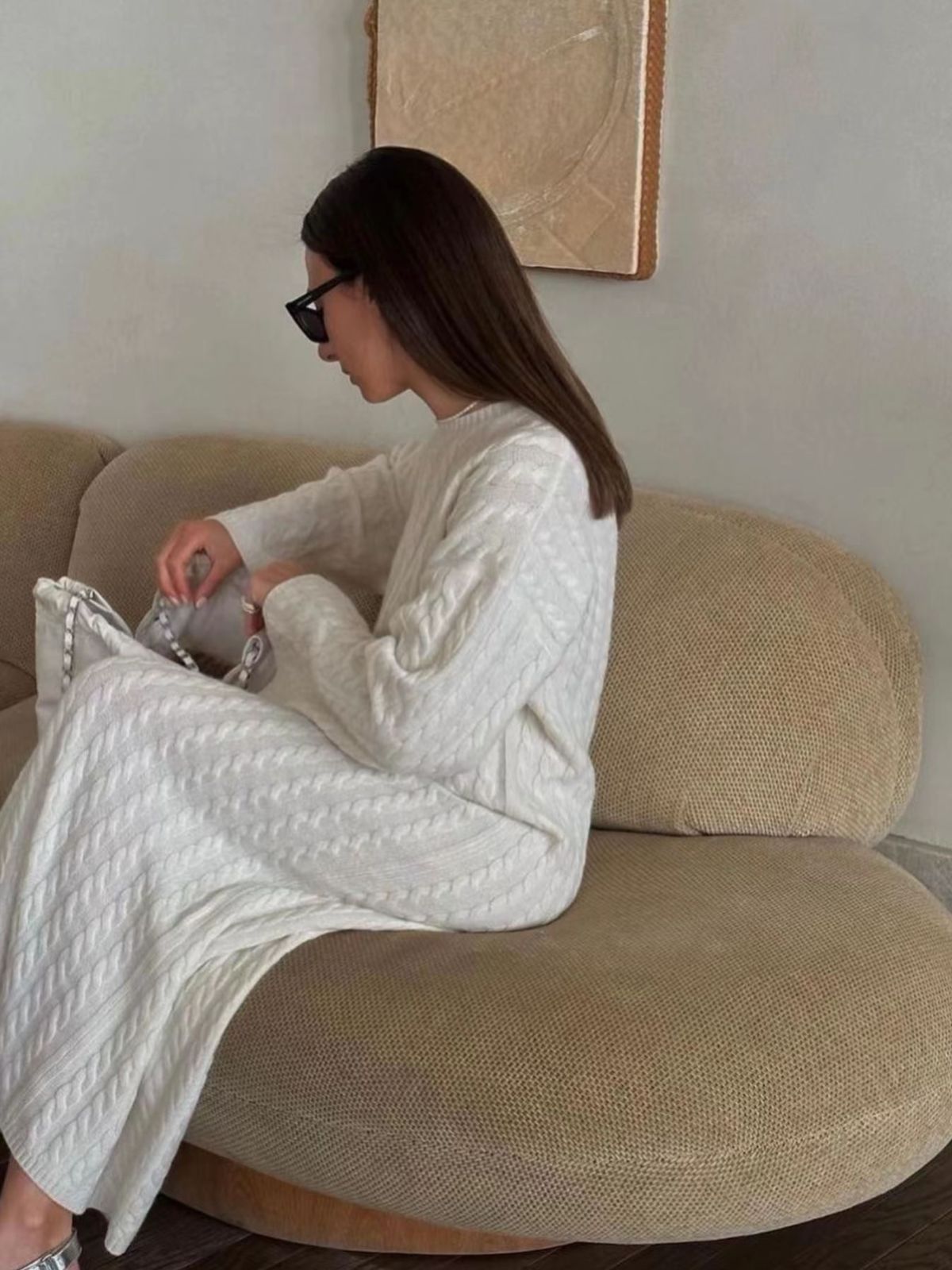 Wool Mid-length Round Neck Long Sleeve Twisted Knitted Dress