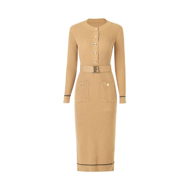 Small Round Neck Design Niche Long Sleeve Elastic Knitted Long Dress