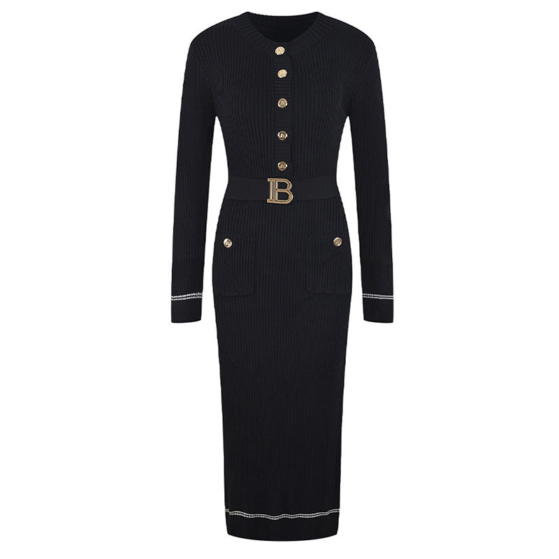 Small Round Neck Design Niche Long Sleeve Elastic Knitted Long Dress