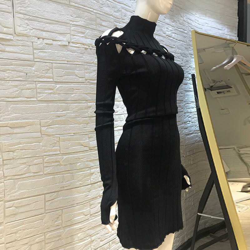 Half-high Collar Chest Wispy Design Long Sleeve Knit Dress