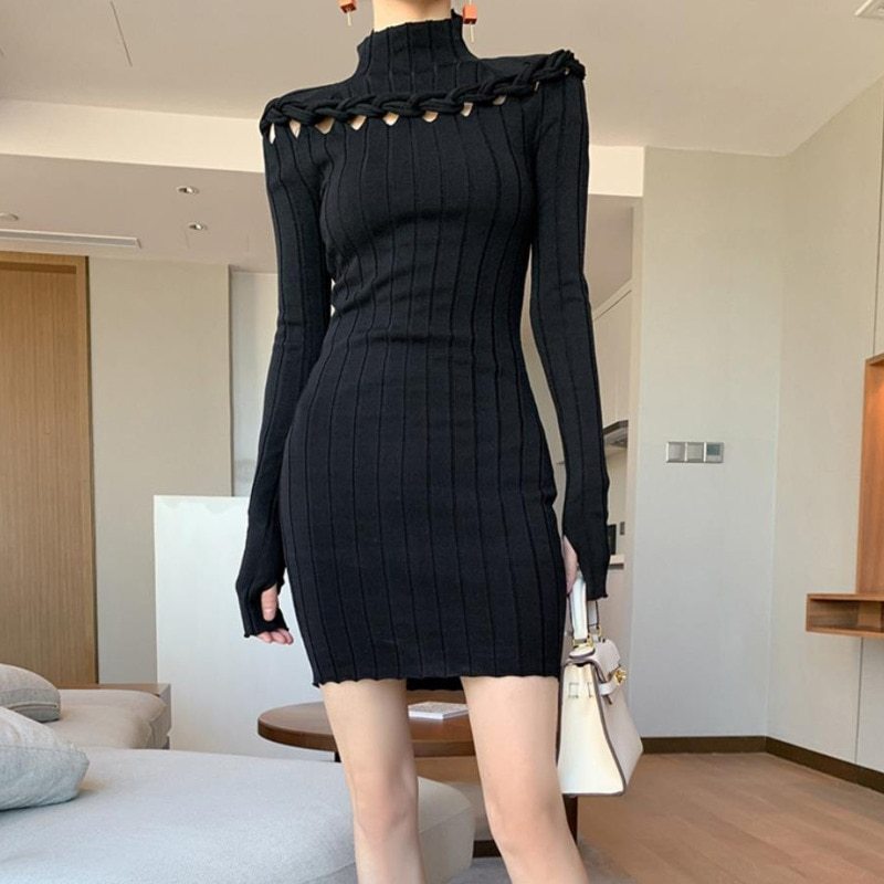 Half-high Collar Chest Wispy Design Long Sleeve Knit Dress