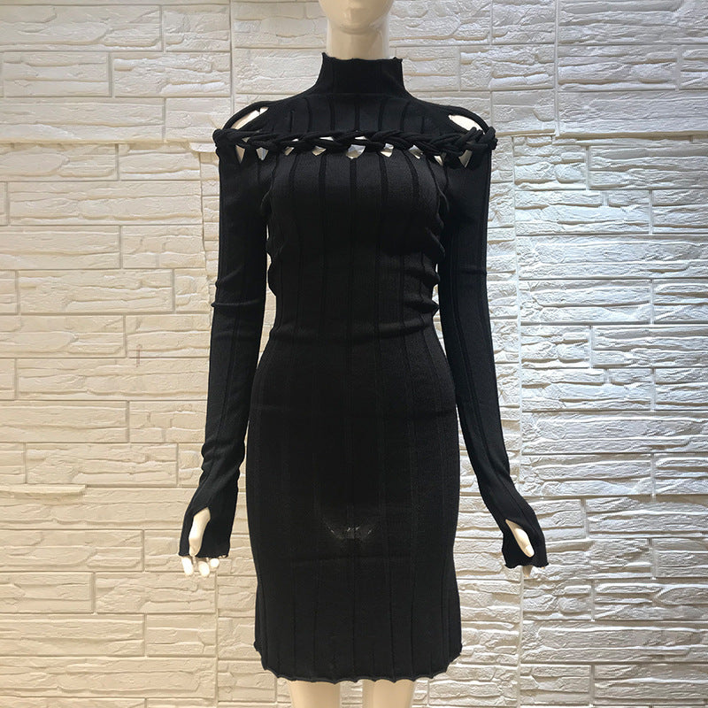 Half-high Collar Chest Wispy Design Long Sleeve Knit Dress
