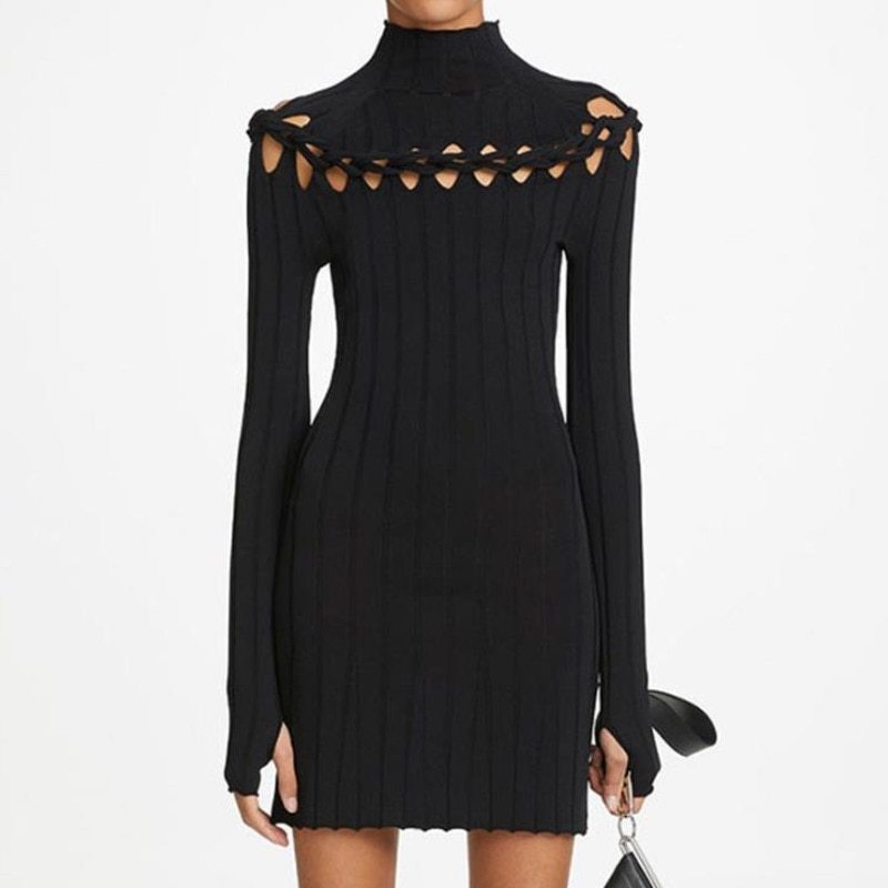 Half-high Collar Chest Wispy Design Long Sleeve Knit Dress