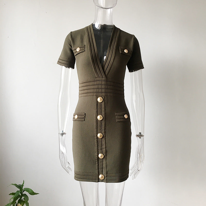 Knit short sleeve V-neck dress