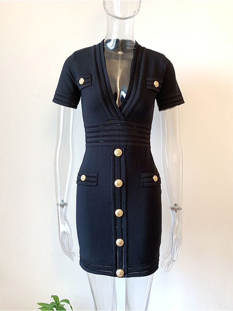 Knit short sleeve V-neck dress