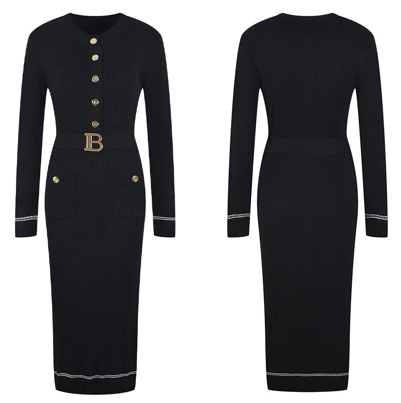 Small Round Neck Design Niche Long Sleeve Elastic Knitted Long Dress