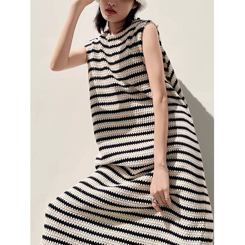 Women's French Sleeveless Sling Black And White Striped Vest Knit Dress