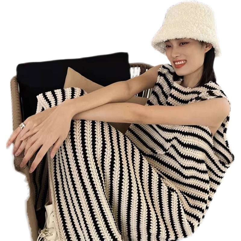 Women's French Sleeveless Sling Black And White Striped Vest Knit Dress