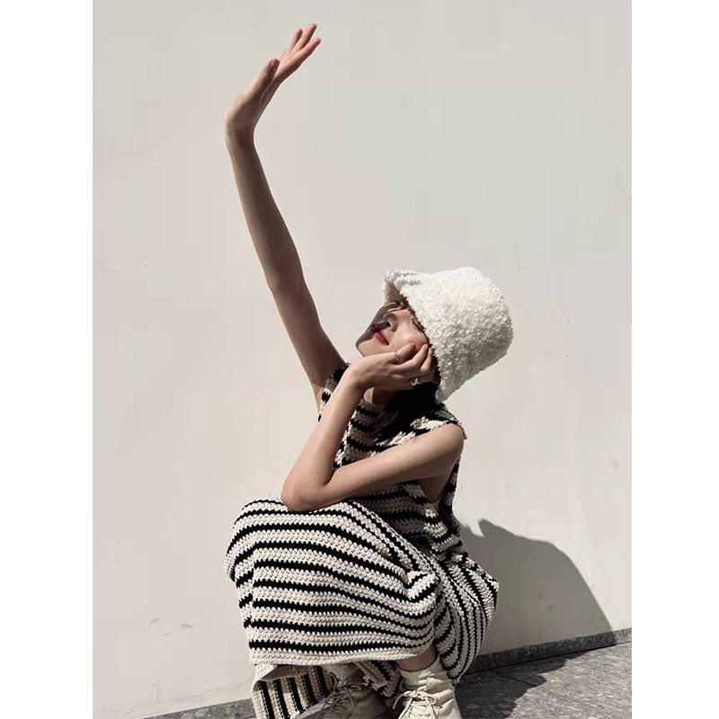 Women's French Sleeveless Sling Black And White Striped Vest Knit Dress