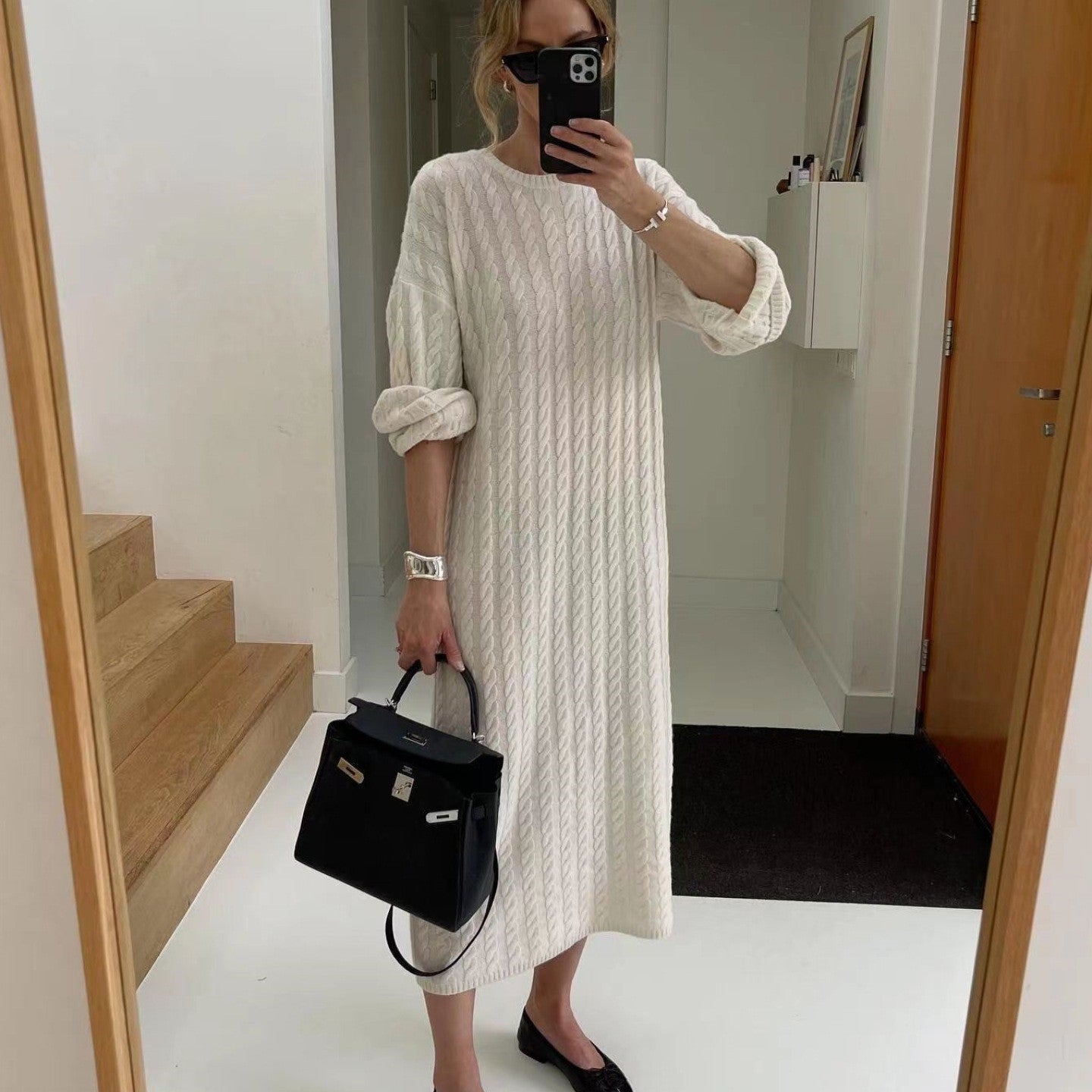 Wool Mid-length Round Neck Long Sleeve Twisted Knitted Dress