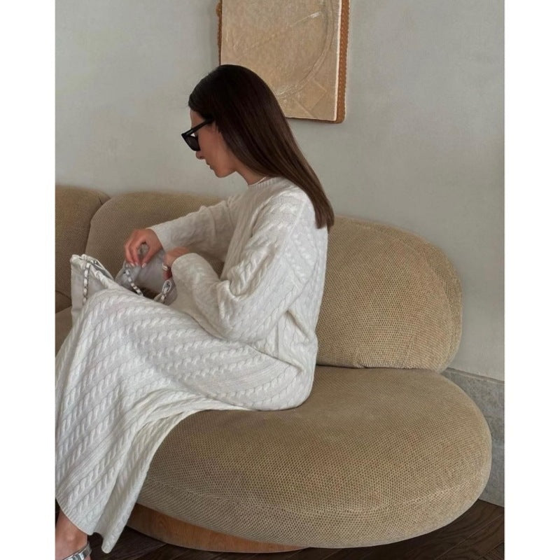 Wool Mid-length Round Neck Long Sleeve Twisted Knitted Dress