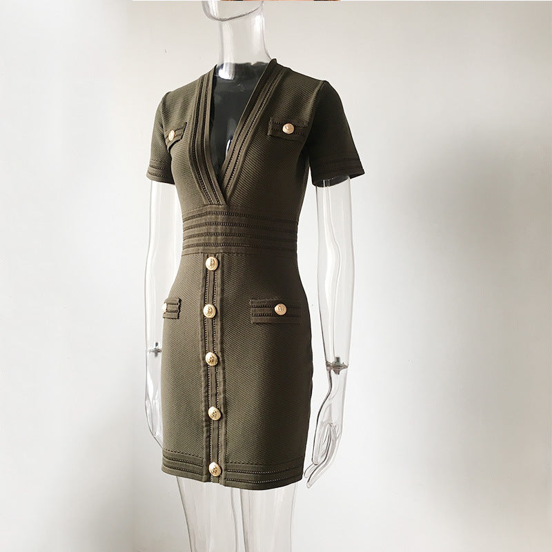 Knit short sleeve V-neck dress