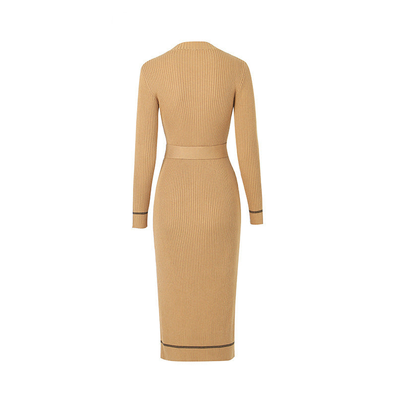 Small Round Neck Design Niche Long Sleeve Elastic Knitted Long Dress