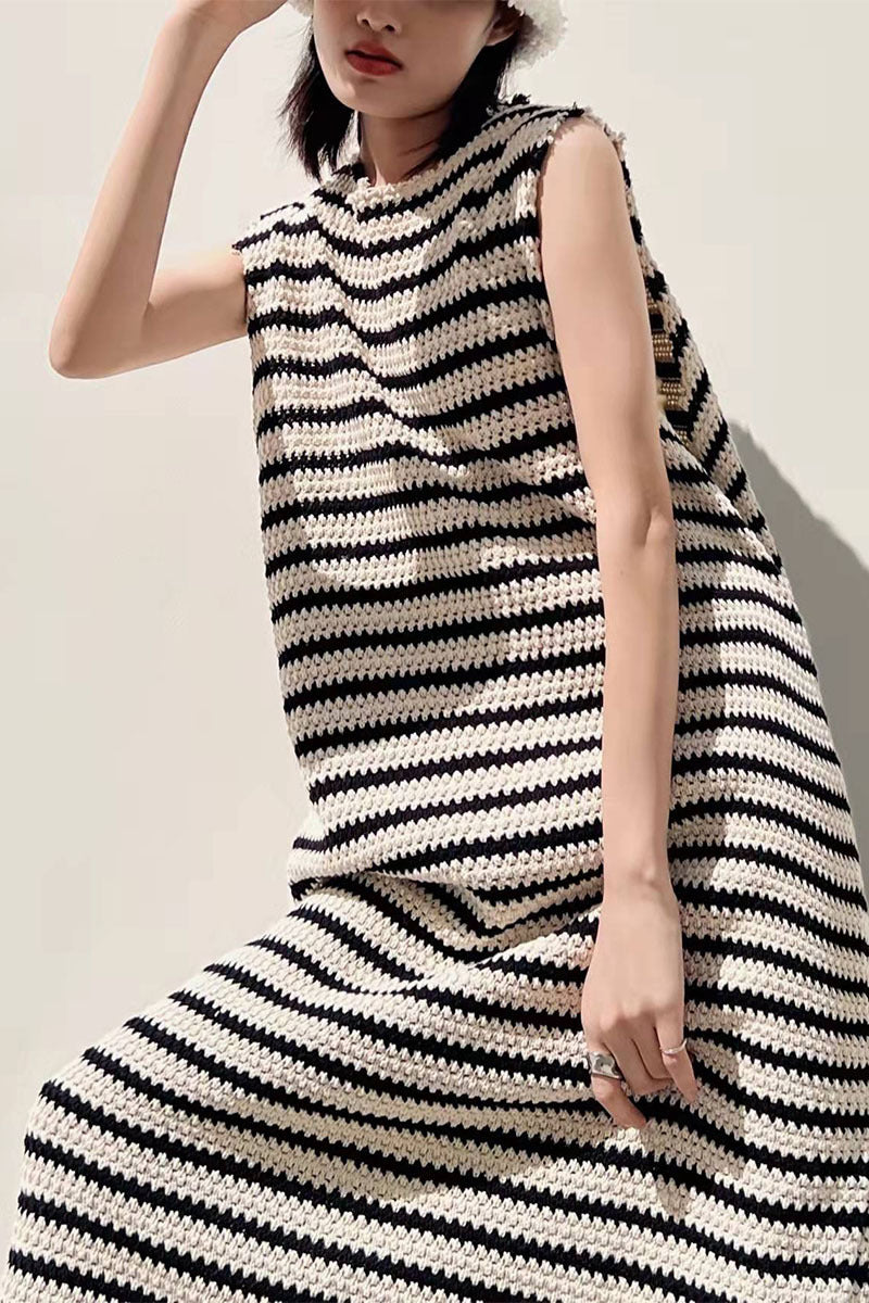 Women's French Sleeveless Sling Black And White Striped Vest Knit Dress