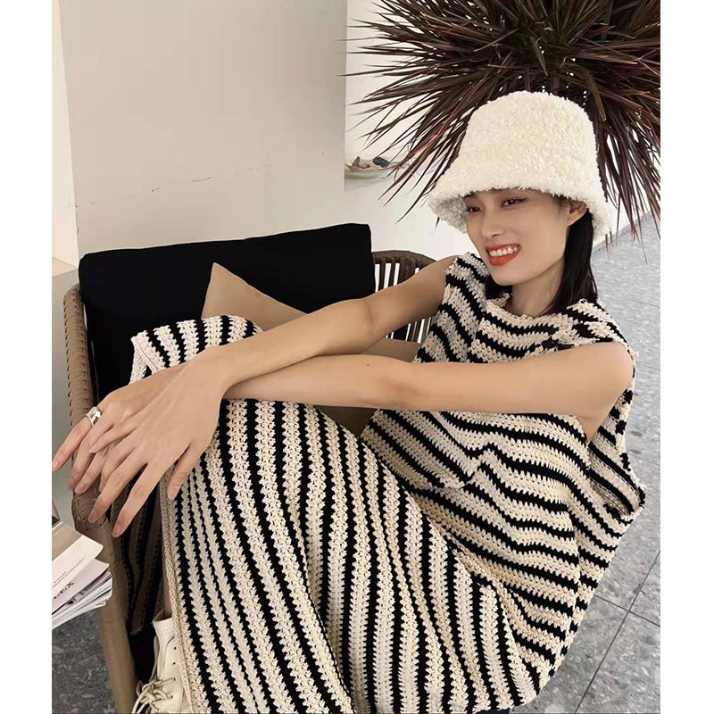 Women's French Sleeveless Sling Black And White Striped Vest Knit Dress