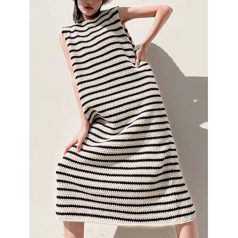 Women's French Sleeveless Sling Black And White Striped Vest Knit Dress
