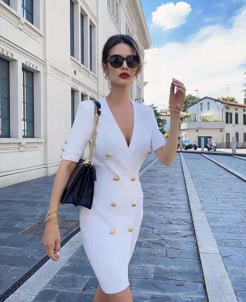 Knit Short Sleeve Bandage Dress White Skinny
